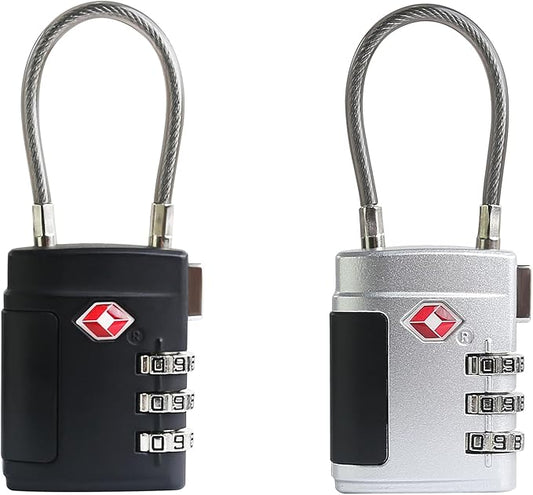 Luggage Locks TSA Approved 2 Pack, Small Combination Padlock, TSA Locks for Luggage, Combo Cabel Padlock for Travel Suitcase, Gym Locker, Gun Case, Ammo Can, Backpack Zipper (Black+Silver)