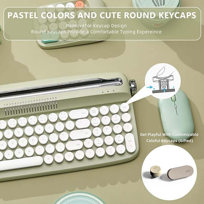 YUNZII Upgraded Wireless Keyboard, Retro Typewriter Style with Integrated Stand, USB-C/Bluetooth with Cute Round Keycaps for Multi Device for Win/Mac (B309, Sweet Mint)