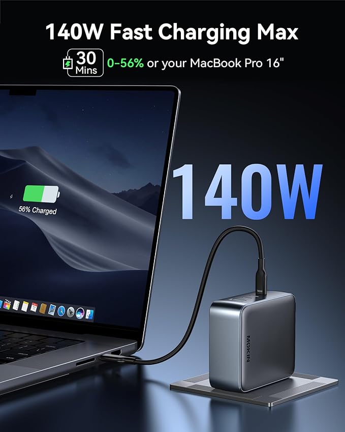 USB C Charger Block 140W, 4-Port GaN PD3.1 PPS Fast Laptop Charger Foldable Compact Power Adapter for MacBook Pro, iPhone 17/16/15 Series, iPad Air, Galaxy S25/S24 Ultra, Steam Deck, Google Pixelbook