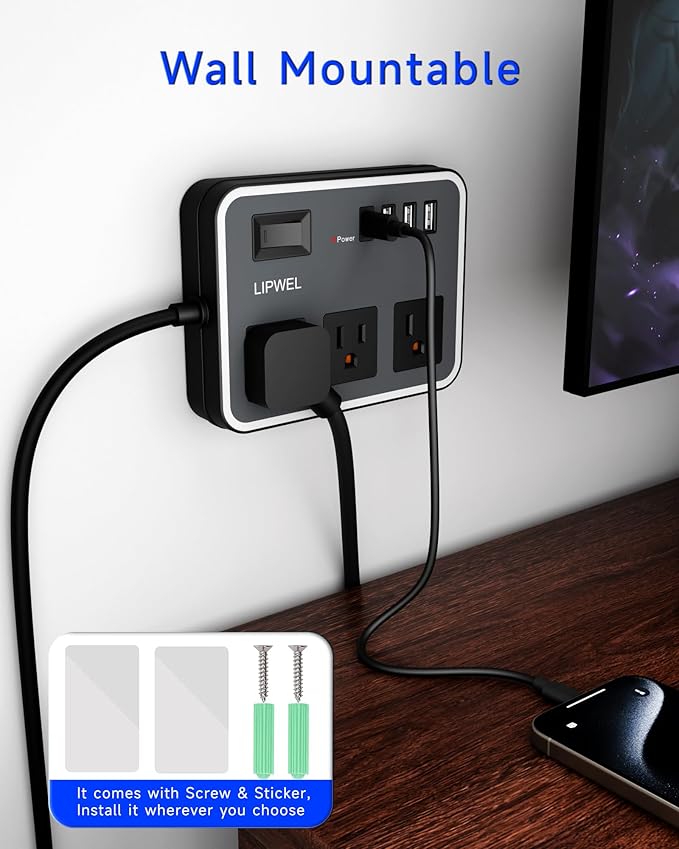 3 Outlet Power Strip with 3 USB Charging Ports and 1 USB-C Port, 1200W Extension Cord 5ft Power Cord, Black,Overload Protection Switch,No Surge Protector for Cruise Ship, Travel, Dorm, Home, Office