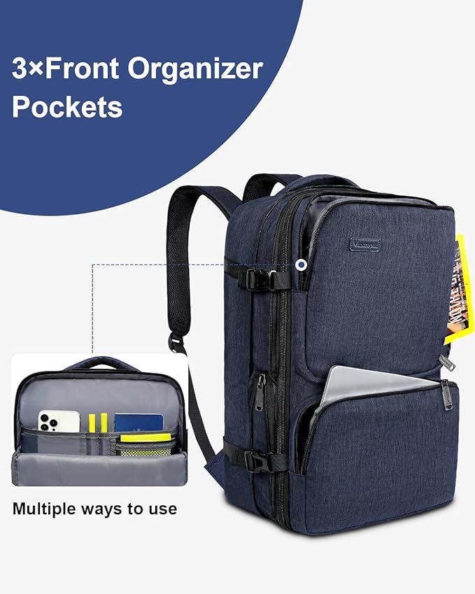 Vancropak Carry on Backpack, 47L Expandable Extra Large Travel Backpack with 3 Packing Cubes, Flight Approved Water Resistant Luggage Suitcase Weekend Duffle Bag Overnight Daypack for Men Women, Blue