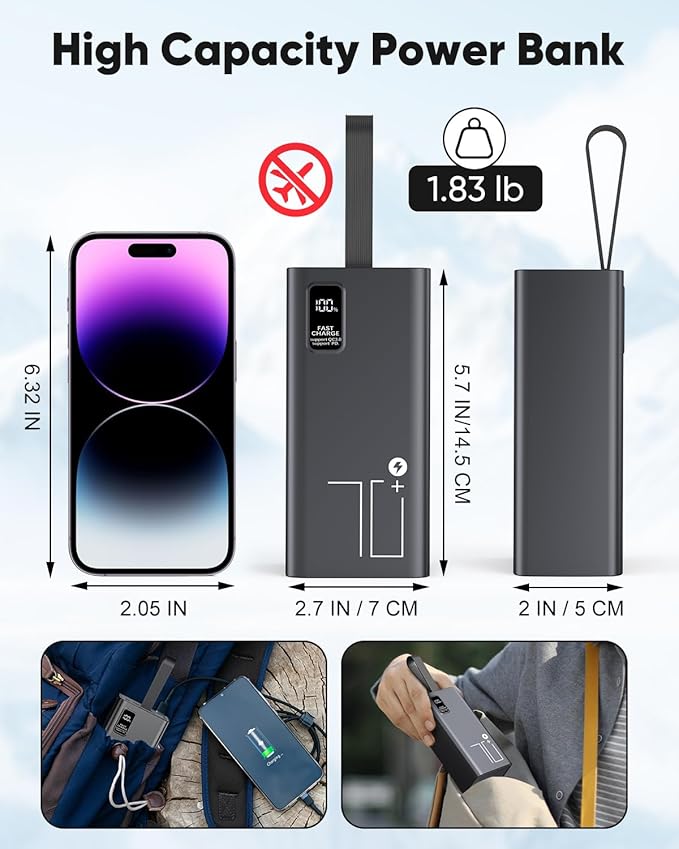 Portable Charger 70000mAh High Capacity Power Bank, 30W Fast Charging External Battery Pack, USB C Battery Bank PD&QC 3.0, 5 Output 2 Input, LED Display Big Powerbank for Phone Tablet Camping Travel