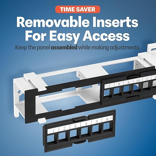 Everest Media 12-Port Keystone Patch Panel (1-Pack) - Removable 6-Port Panels - with 89D Wall Mount Bracket - Vertical/Horizontal Installation - 8 Blank Keystone Jack Inserts Included