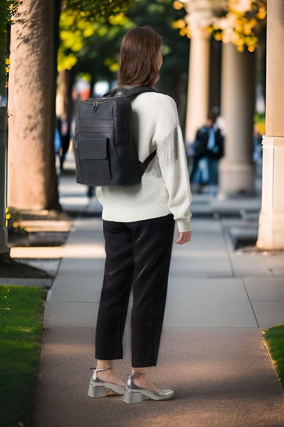 VELEZ Black Leather Backpack for Men & Women - Large Capacity Laptop Travel Backpack with 17" Sleeve - Vintage Travel Bag with Adjustable Straps, Multiple Pockets & Trolley Sleeve