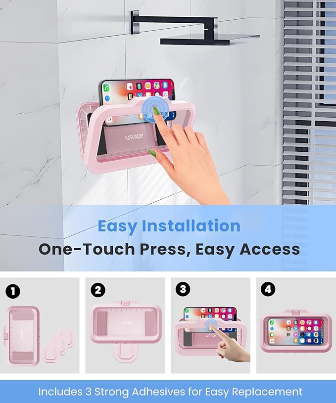 URROY Shower Phone Holder Waterproof One-Touch Open Shower Phone Case Anti-Fog & Sensitive Touchscreen Bathroom Wall Phone Mount Stand Universal Fit for iPhone & Smartphones Gift for Men Women Pink