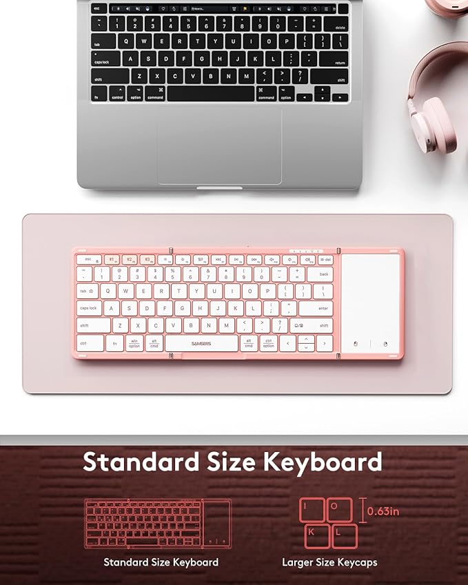 Samsers Foldable Bluetooth Keyboard with Touchpad, Full-Size Wireless Portable Travel Folding Keyboard for iOS Android Windows Mac OS, Support 3 Devices (BT5.1 x 3), Pink