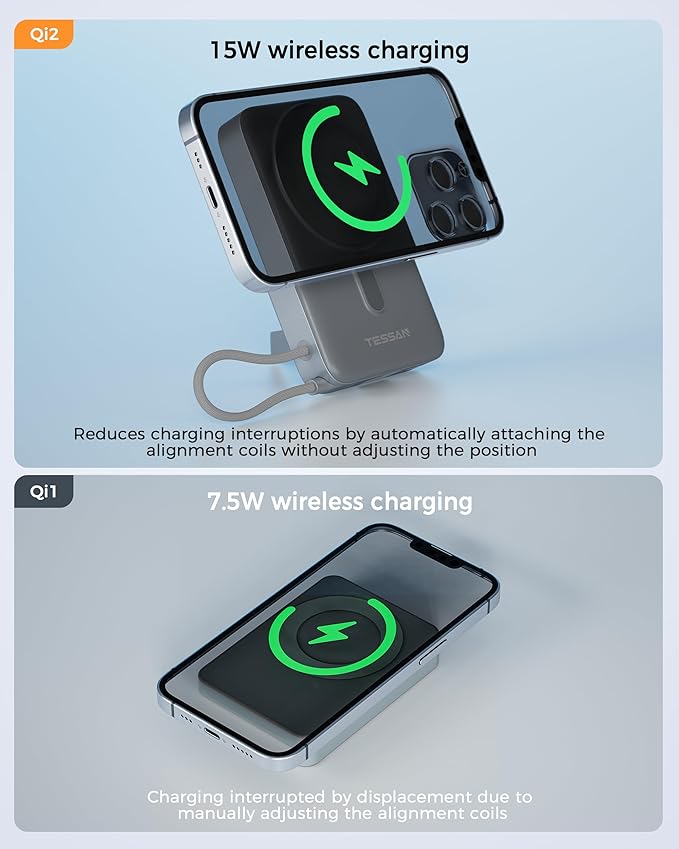 Wireless Portable Charger Qi2, 10,000mAh Magnetic Power Bank with PD 35W Fast Charging, Battery Pack with Built-in USB-C Cable and Stand, Travel Essentials for iPhone 16/15 Series