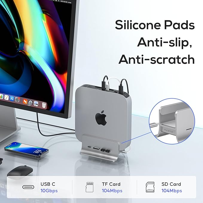 USB C Hub for Mac mini, 5 in 1USB Hub Adapter Support M.2 NVMe SSD Expand, Docking Station with 2 USB C 10Gbps, SD/TF Card Reader, M.2 SSD (Not Included)