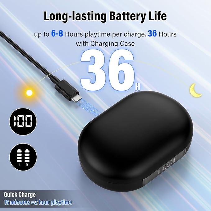 Open Ear Headphones, Bluetooth 5.4 Earphones 36H Playtime Air Conduction Headphones with Mic, Adjustable Earhook Earbuds with ENC Clear Calls/LED Display, IPX7 Waterproof Open Ear Earbuds Black