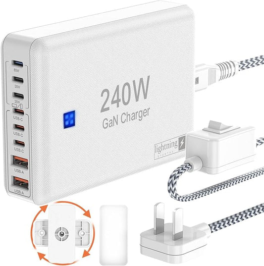 240W Fast Charging Blocks, 8-Port Charging Station for iPhone/Ipad/MacBook, 6C2A PD GaN Charger Box, USB Tower Hub 5ft Braided Power Cord with On/Off Switch, Flat Plug, Travel Essentials