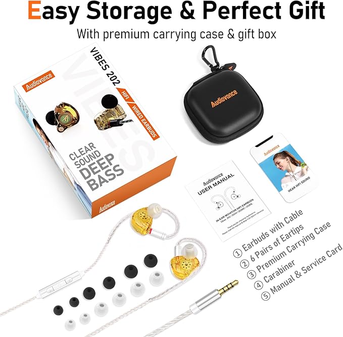 Vibes 202M Wired Earbuds - HiFi in Ear Monitor Headphones - Noise-Isolating Ear Buds w/ Mic - Clear Sound, Deep Bass & Comfort-Fit Gaming Earphones - MMCX to 3.5mm & Silver Plated Cord, Carrying Case