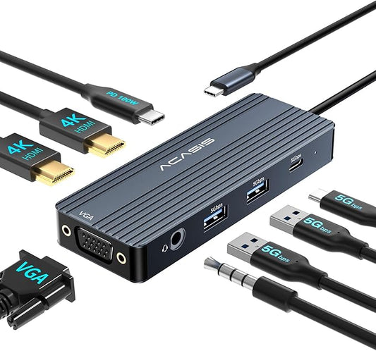ACASIS USB C Docking Station Dual Monitors,8-in-1 Laptop Docking Station with Dual HDMI +VGA +2 * 5G USB-A/C+3.5MM Audio+PD100W, USB C HUB multiport Adapter for Dell/HP/Lenovo ThinkPad（Gray）
