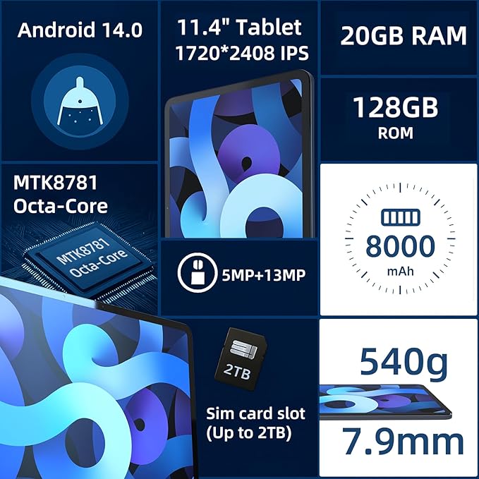 11 inch Tablet, Android 14 Tablet, Android Tablets with Case, Octa-core MTK8781, 20GB (8+12)+128GB, 2.4K HD Touchscreen, 8000mAh Large tableta with Wi-Fi 6, BT 5.2, GPS, Google Tablets for Adults