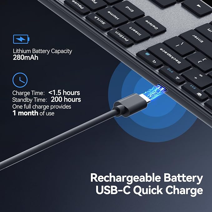 AUSDOM 2.4G Wireless Bluetooth Keyboard Full Size, Quiet Slim Multi-Device Rechargeable Cordless QWERTY Keyboard with Number Pad, Low Profile Silent Flat Universal Keyboards for Computer/Mac/Windows