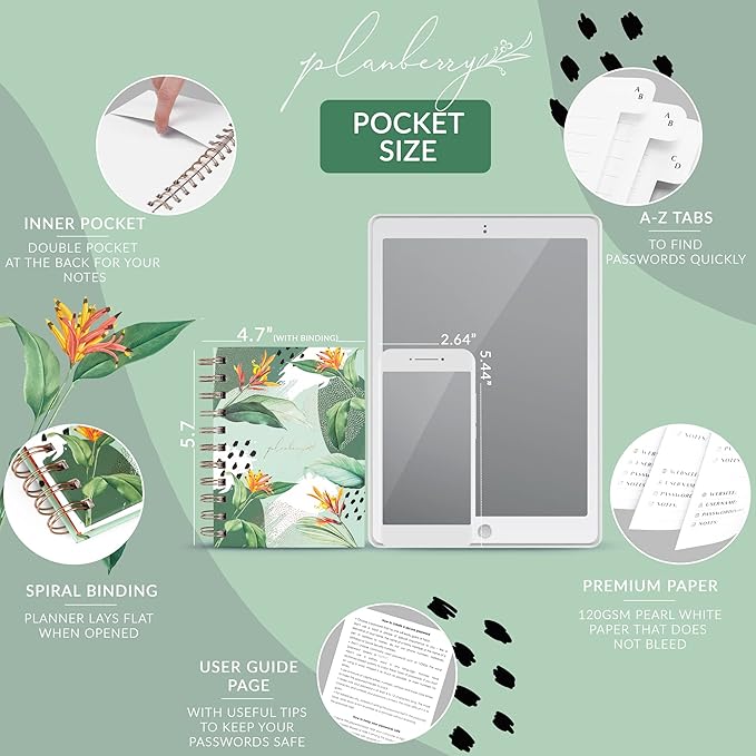 PLANBERRY Password Book Premium – Small Internet Address Organizer with A-Z Tabs – Pocket Website Password Keeper with Alphabetical Tabs – 4.7x5.7″, Hardcover (African Green)