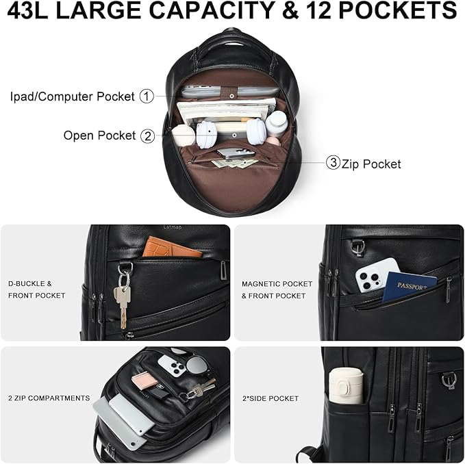 43L Backpack for Women Men - Vegan Leather Backpack Purse Travel Carry-on Bag College Bookbag Work fits 17" Laptop, Black