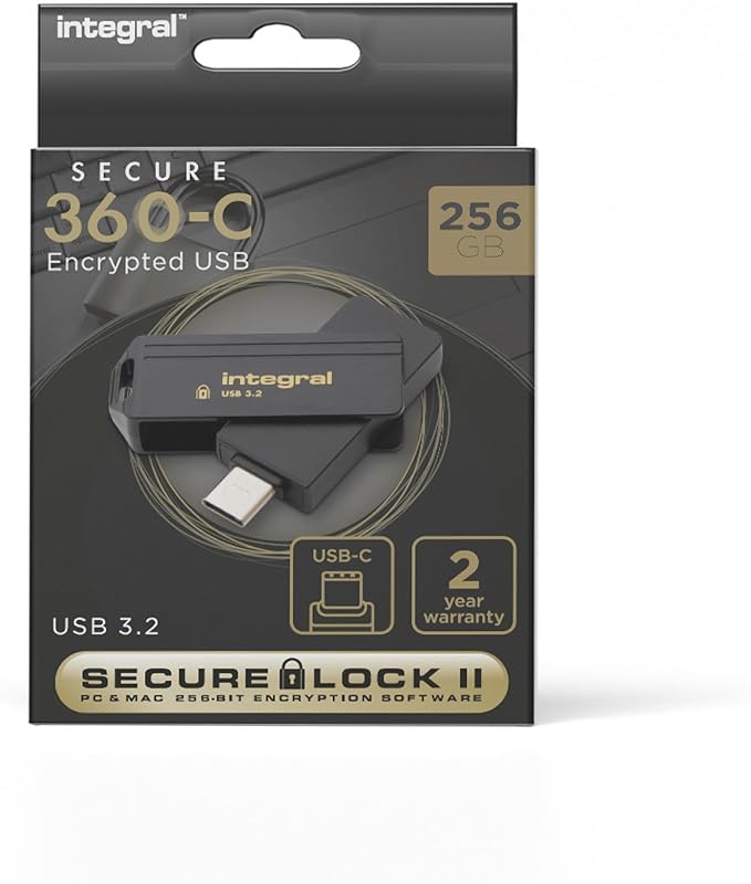 Integral Secure 360-C 256GB Software Encrypted USB Flash Drive - USB-C Connector - 256-bit AES encryption - Compatible with Mac, MacBook, PC, Laptop