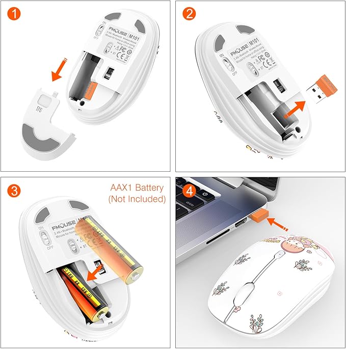 Cute Wireless Mouse Dual Mode with 2.4GHz USB Receiver and Bluetooth Connection for Laptop, iPad, Mac, AA Battery Silent Cartoon Cordless Mice for Kids and Students (Rabbit & Girl)