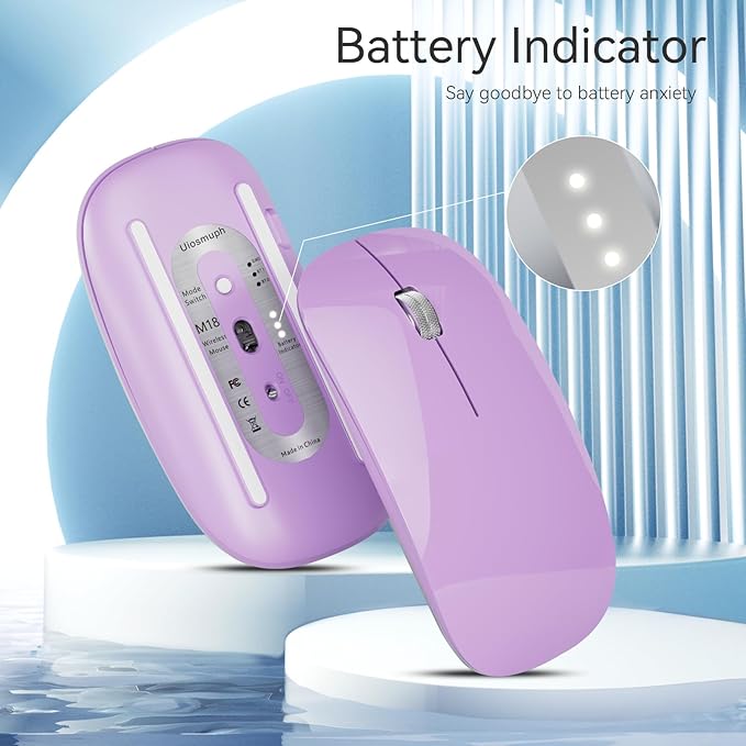 TENMOS M18 Bluetooth Mouse, USB C Rechargeable Wireless Mouse, Triple Mode (Dual Bluetooth+USB) Computer Silent Mice Portable with USB Receiver and Type C Adapter for Laptop/MacBook/iPad/PC - Purple