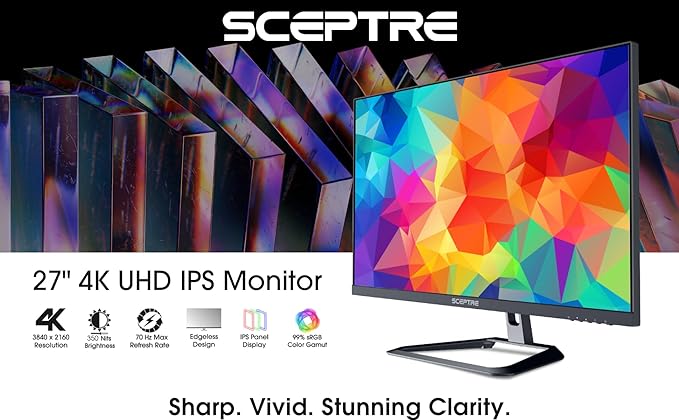 Sceptre 4K IPS 27" 3840 x 2160 UHD Monitor up to 70Hz DisplayPort HDMI 99% sRGB Build-in Speakers, Black 2021 (U275W-UPT)