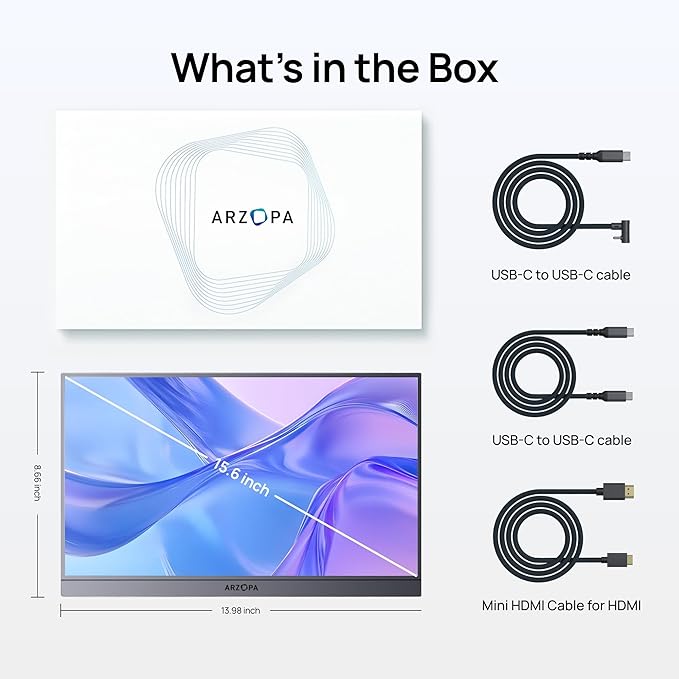 ARZOPA Portable Monitor 15.6'' FHD 1080P - Ultra-Slim Portable Laptop Monitor with Kickstand - IPS Display for PC, MAC, Phone, Xbox, PS5 - USB C & HDMI Connectivity - A1 Gray