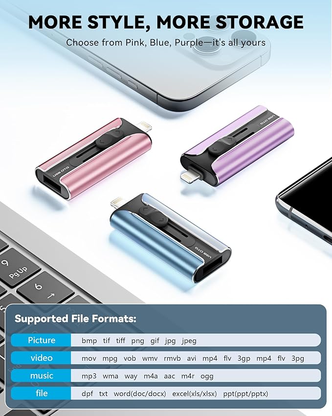 MFi Certified Flash Drive 256GB for iPhone Thumb Drive Photo Stick, High Speed USB Memory Stick iPhone Flash Drive for Photos Videos, External Storage Jump Drive for iPhone/iPad/Android/PC (Blue)