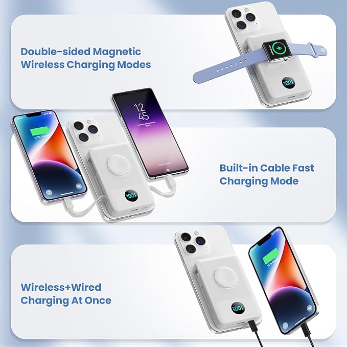 Magnetic Portable Charger for iPhone with Built-in Cables, 6-in-1 10800mAh Power Bank with iWatch Charger & LCD Display,25W Fast Charging Battery Pack for iPhone 16/15/14/13/12,Apple Watch (White)