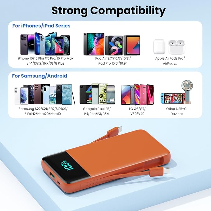 AONIMI Portable Charger 13800mAh Power Bank with Built-in Cables,LCD Display Fast Charging USB C Battery Pack,4 Outputs Travel Essential Portable Phone Charger for iPhone 16/15/14/13,Android (Orange)