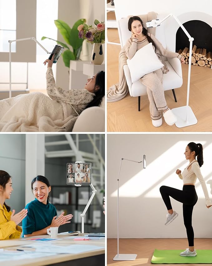 Viozon Tablet Floor Stand Holder, Compatible with 4.7"-13" Phone/Tablet, iPhone 15 Plus/Pro Max iPad,Kindle, 68" Phone Stand, Aluminum Alloy, Universal 360° Rotatable,for Bed,Sofa,Desk,White