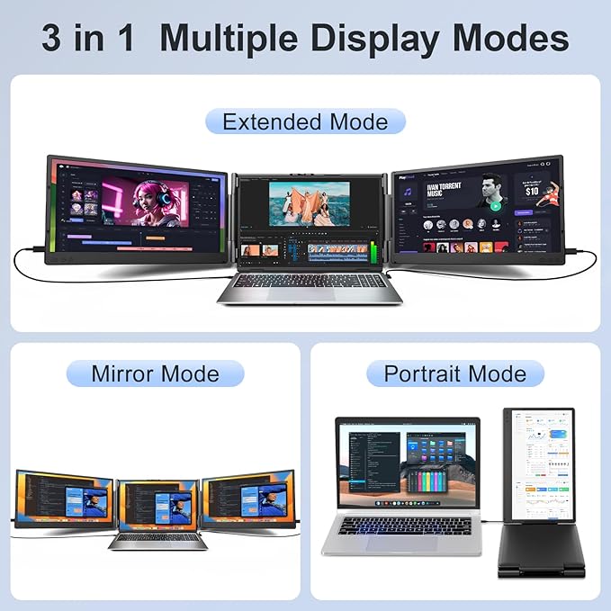 Laptop Screen Extender, 14" FHD 1080P Portable Monitor for Laptop, Plug&Play Triple Screen Extender, Auto Adjust Width Dual Monitor for 13" - 17" Laptops, Compatible with MacOS/Wins/Chrome/Dex