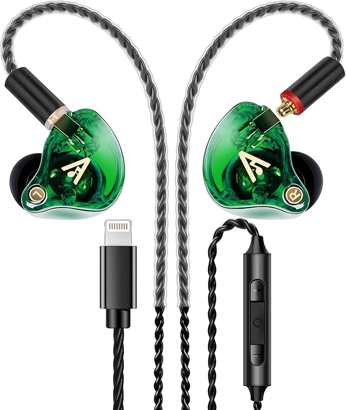 Vibes 202 Wired Earbuds, HiFi in Ear Monitor Headphones, Noise Isolating Ear Buds w/Mic, Deep Bass & Comfort-Fit Earphones, Silver Plated Cord, Carrying Case, Lightning, Green