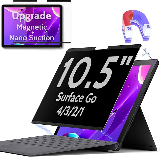 Magnetic Privacy Screen for Surface Go 4/3/2/1 10.5 Inch, Removable Anti Blue Light Glare Filter, Black Security Private Apy Block Protector