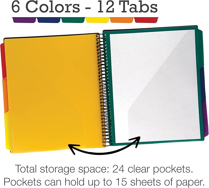 Samsill 2 Pack Deluxe 24 Pocket Spiral Project Organizer with Refillable Notepad, Customizable Front Cover, 12 Dividers with Erasable Write-On Tabs in Assorted Colors, Plastic Folders with Pockets