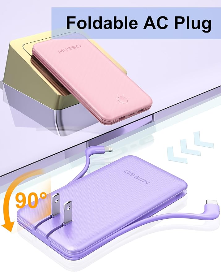 miisso Ultra Slim 10000mAh Power Bank Built-in Cables and Foldable AC Wall Plug, Pocket Size USB C Portable Charger, External Battery Pack Compatible with iPhone Samsung iPad etc, Purple