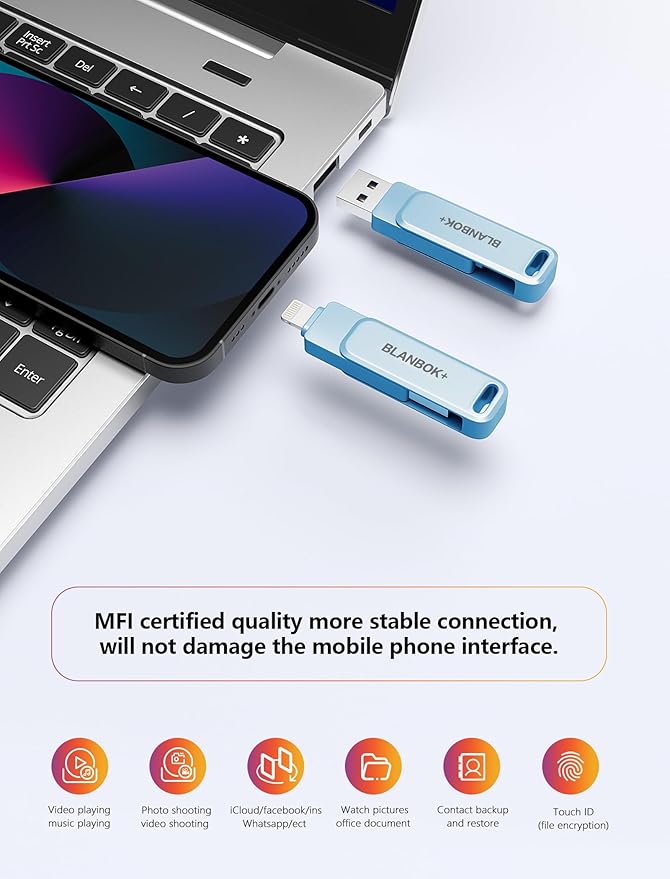 MFi Certified 256GB Photo Stick for iPhone Flash Drive,USB Memory Stick Thumb Drives High Speed USB Stick External Storage Compatible for iPhone/iPad/Android/PC (Blue)