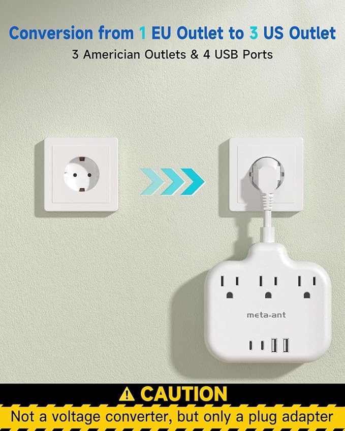 European Travel Plug Adapter 3 inch, International Plug Adapter, US to Europe Plug Adapter with 3 Outlets 4 USB Ports(2 USB C), Type E F Power Adapter to Italy Spain France Portugal Iceland Germany