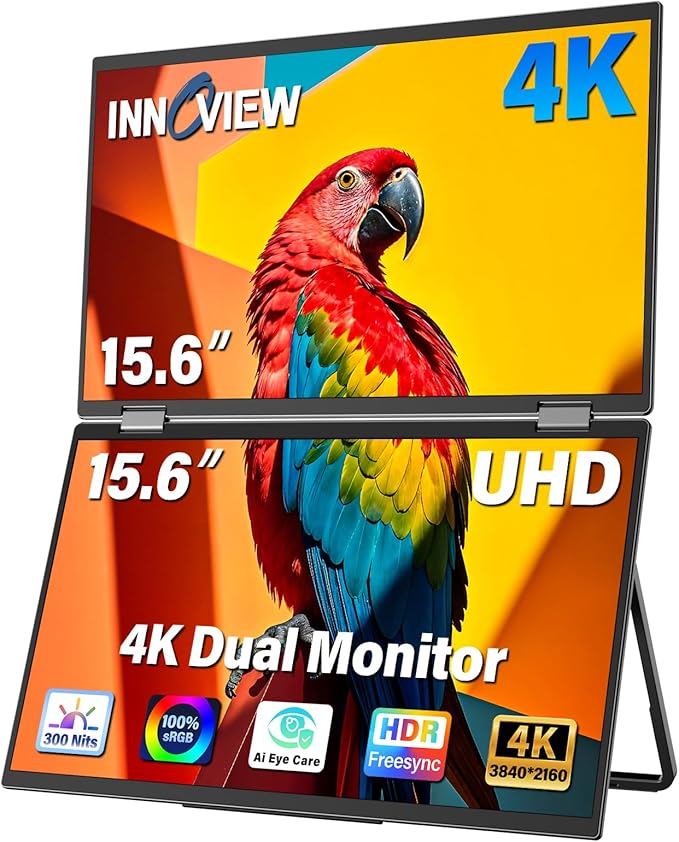InnoView 15.6" 4K Dual Portable Monitor 3840x2160P 100% sRGB | Owl Eye Vision - Foldable Design with 315° Screen Adjustment, 180° Stand | DP/USB-C/HDMI, Dual Screen Extender for Laptop, Mac, Windows