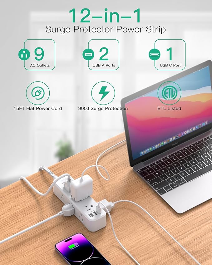 Extension Cord 15 ft, Surge Protector Power Strip, Long Extension Cord with 9 Outlets 3 USB Ports, Extension Cord with Multiple Outlets, USB Power Strip for Home, Office, Dorm Room Essentials, College