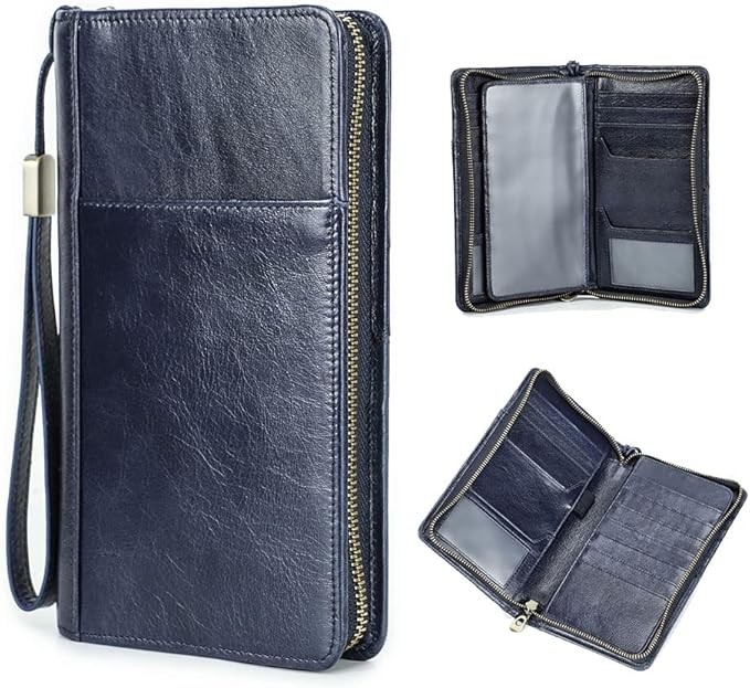 CONTACTS Passport Wallet Leather Family Passport Holder for 4 Travel Documents Organizer RFID Blocking Zipper Blue Card Wallet with 13 Card Slot