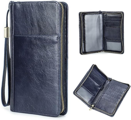 CONTACTS Passport Wallet Leather Family Passport Holder for 4 Travel Documents Organizer RFID Blocking Zipper Blue Card Wallet with 13 Card Slot