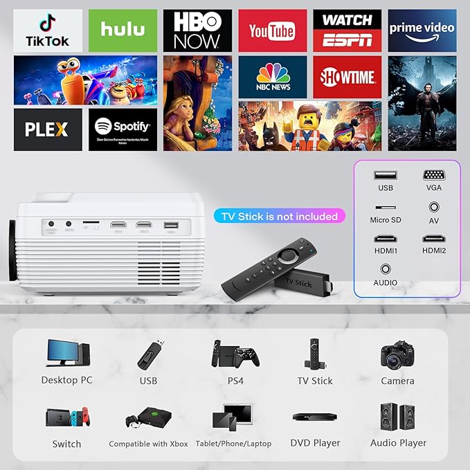 Full HD WiFi Bluetooth Projector Built in DVD Player, 12000LM 1080P Supported, Portable Mini DVD Projector for Outdoor Movies, 250" Home Theater, Compatible with iOS/Android/TV Stick/PS4/HDMI/USB/TF