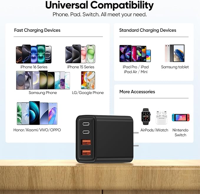 [2-Pack] USB C Wall Charger,80W 4-Port Type C Fast Charging Block,USBC Multiport Wall Plug PD&QC GaN Charging Cube with USB C Cable for iPhone 17/16/15/14/13/12/11/Pro Max/XS/XR, iPad, Samsung（Black
