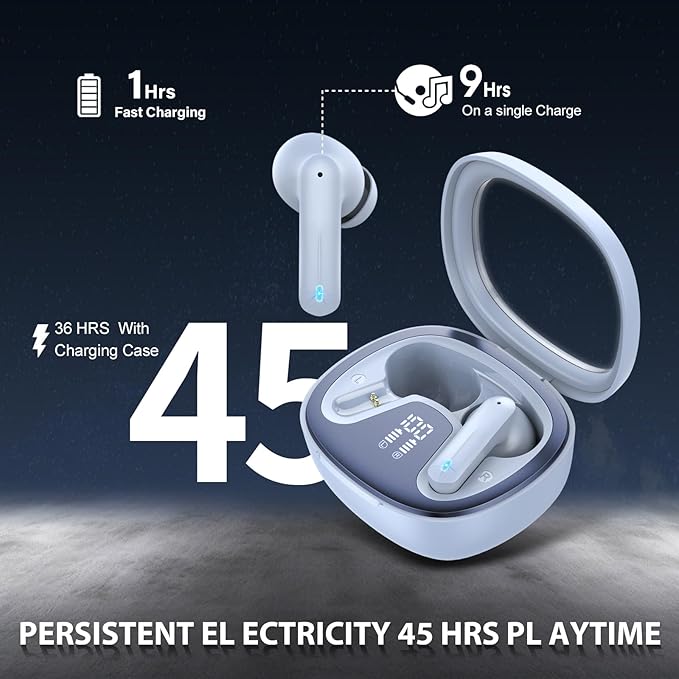 Wireless Earbuds, Bluetooth 5.4 Headphones, HiFi Stereo Bass Ear Buds, in Ear Earbuds with 4 ENC Noise Cancelling Mic, 45H, LED Display, IP7 Waterproof, Earphones for Phone Android/iOS Sports, Blue