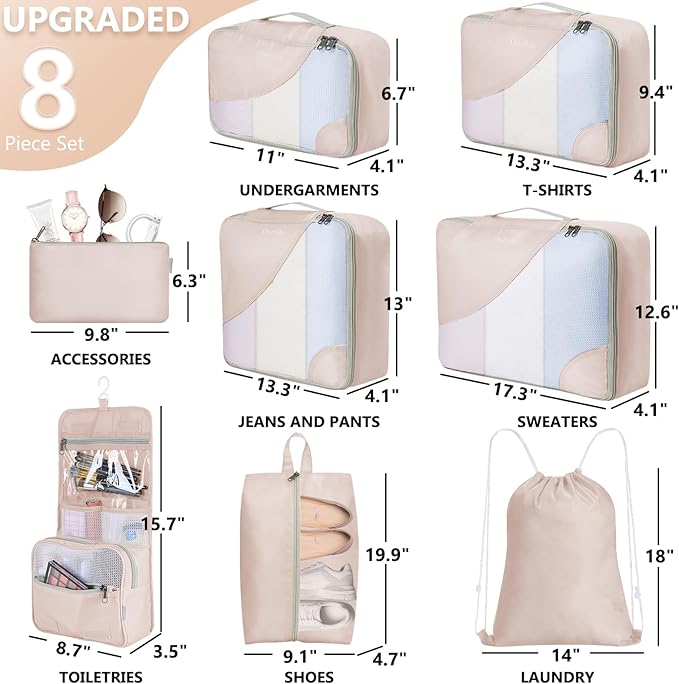 10 Set/8 Set Packing Cubes for Travel, Gifts for Women Mom,Anti-Tearing Suitcase Organizer for Luggage with Shoe & Hanging Toiletry Bag,OlarHike Vacation Essentials & Accessories for Cruise Ship,Cream