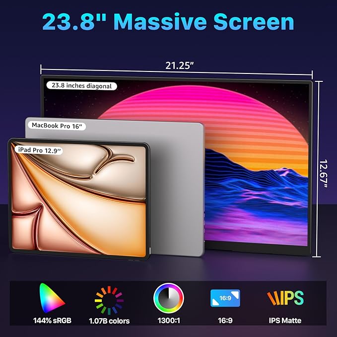 Portable Monitor 23.8" 4K 3840X2160 144% sRGB 60Hz IPS HDR HDMI USB-C Travel Monitor for Laptop MacBook PC Surface PS5 Xbox, Large External Display with Kickstand & Speakers, VESA Compatible