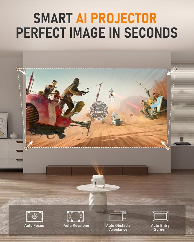 【Netflix Licensed & Auto focus Projector】VISSPL Smart Projector with WiFi and Bluetooth, Auto Focus & Keystone Protable Mini Projector with Stand, 4K Netflix Home Theater Projector