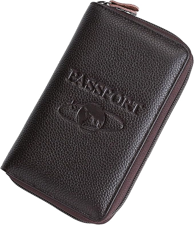 Genuine Leather Travel Passport Wallet RFID Blocking Zip-Around Passport Holder (Coffee)