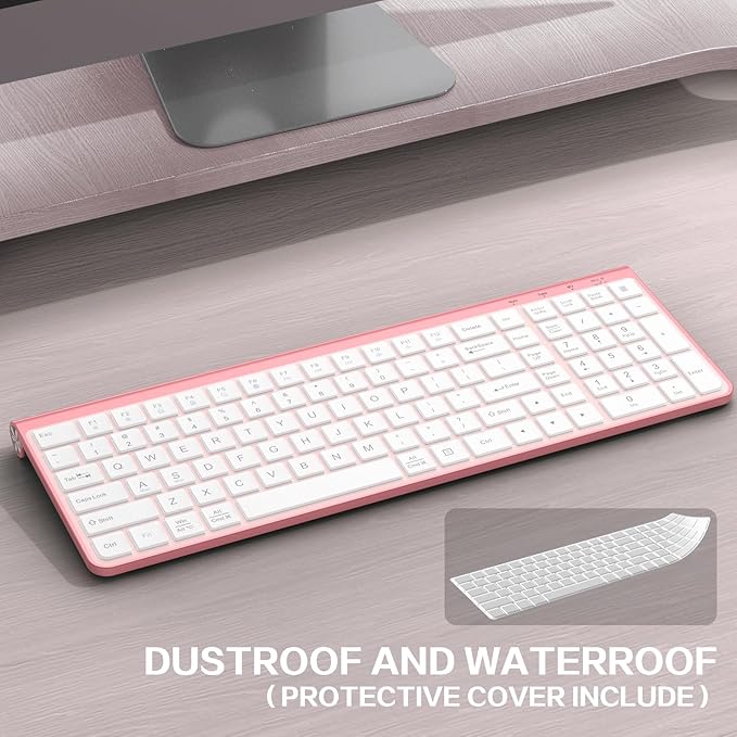 JOYACCESS Pink Wireless Keyboard,USB & Type C 2-in-1 Receiver, Full-Sized Ergonomic Computer Keyboard with Cover,Compatible with Windows/Mac/PC/Laptop