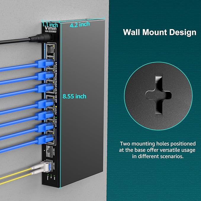 10 Port 2.5G Switch Unmanaged, VIMIN 8X 2.5G Switch Base-T Ports+2X 10G SFP Port, 80Gbps Switching Capacity, IEEE802.3, Metal Housing, Fanless, Work for 2.5Gbps NAS, Wireless AP & PC