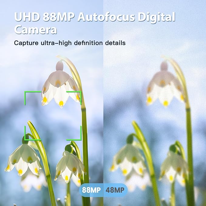 8K Digital Cameras for Photography Autofocus, WiFi 88MP Vlogging Camera with Dual-Lens, Flash, 16X Digital Zoom, Touch Screen, Travel Camera Anti-Shake with Lens Hood, 64GB Card,2 Batteries